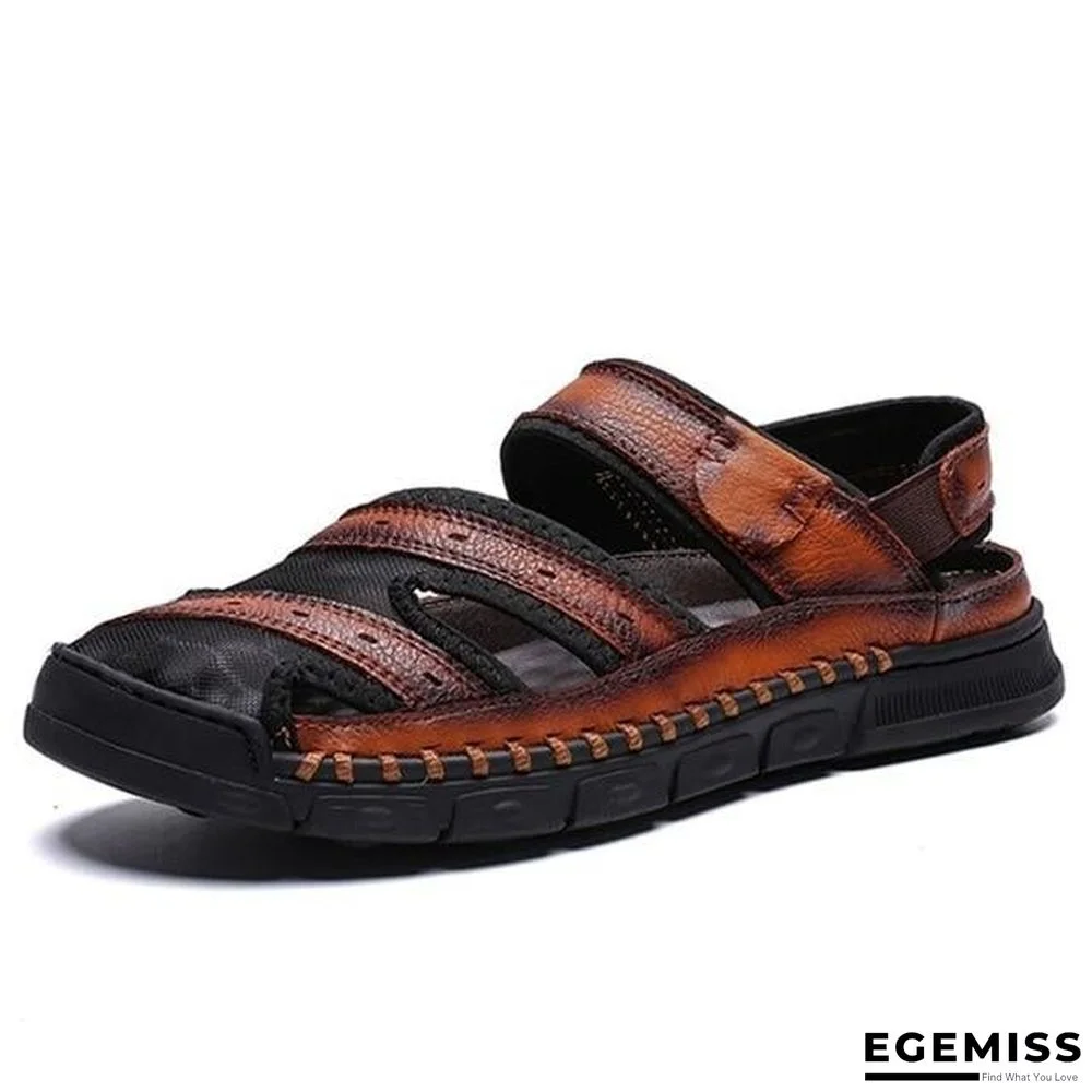 Men's Casual Leather Splice Sandals Outdoor Hand Stitching Wrapped Toe Beach Sandal | EGEMISS