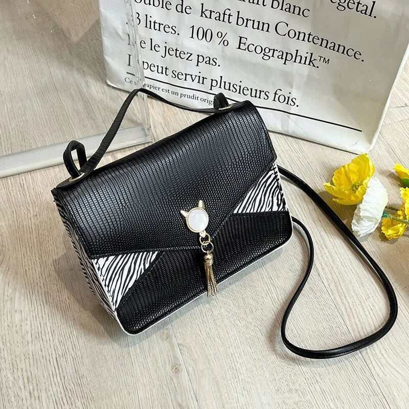 Cat Head Stitching Tassel Small Square Bag 2023 New Summer Ladies Niche One-shoulder Messenger Bag Leopard Print Tote