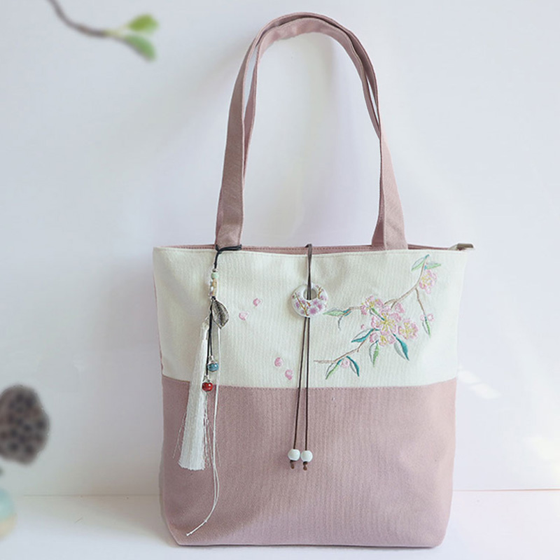 Plum Embroidery Color Block Vintage Tote Bag