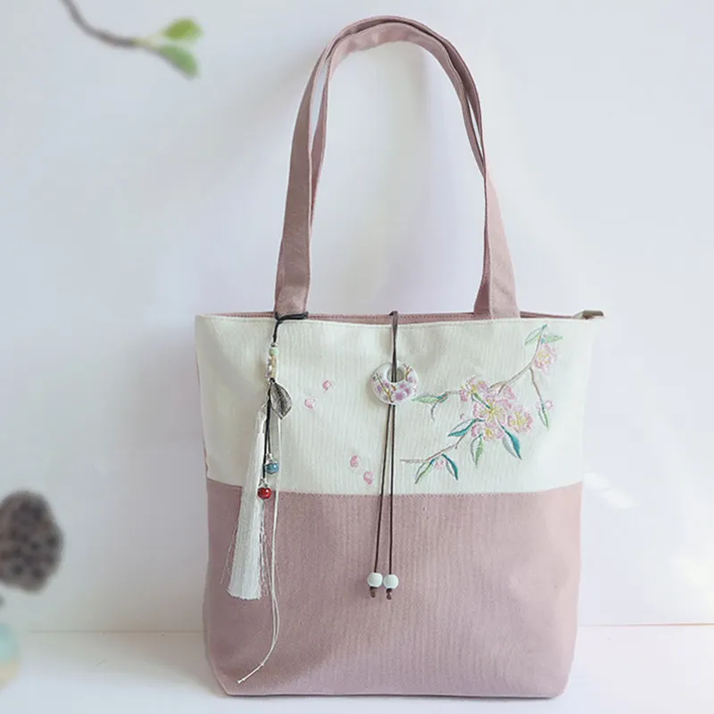 Plum Embroidery Color Block Vintage Tote Bag