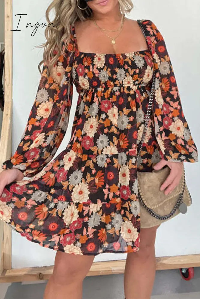 Ingvn - Vintage Elegant Floral Square Collar Printed Dress Dresses Multicolor / S Dresses/Floral