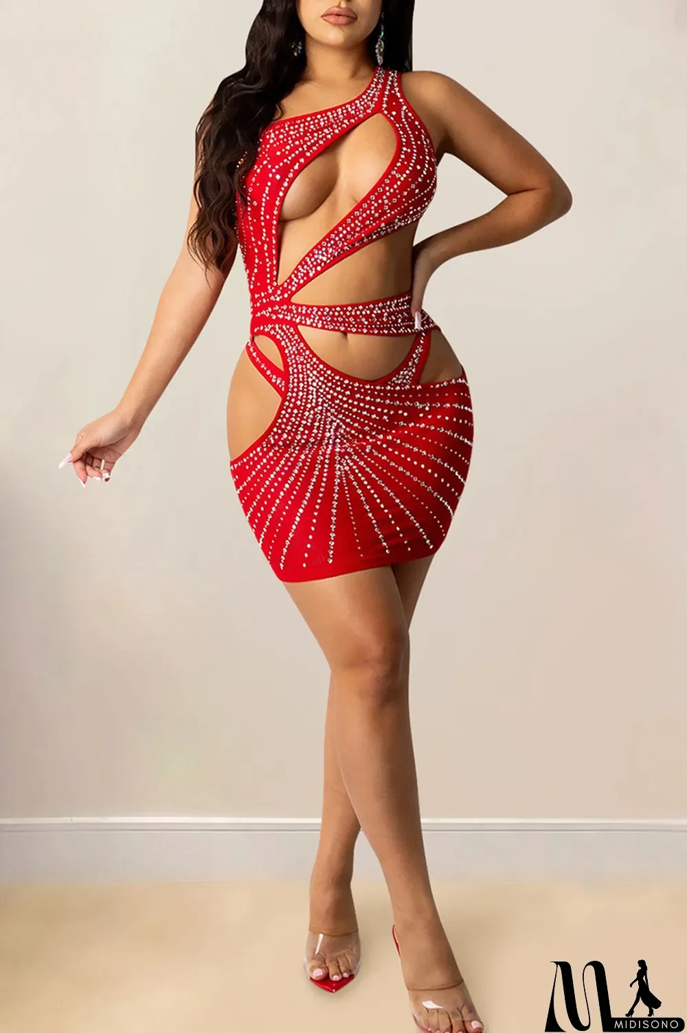 MidiSono - Black Sexy Solid Hollowed Out Split Joint Asymmetrical Hot Drill Oblique Collar One Step Skirt Dresses