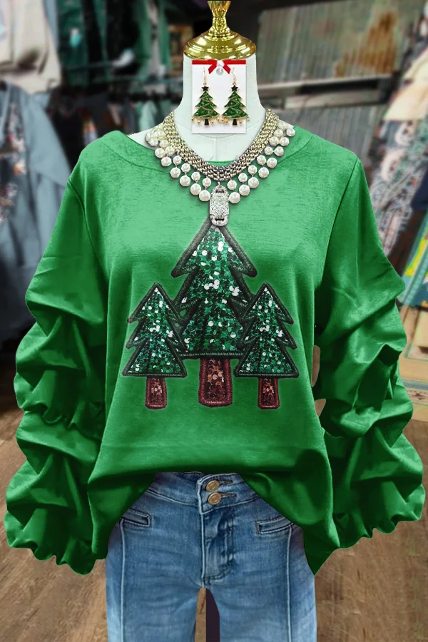 Sequin Christmas Tree Ruched Sleeve Top