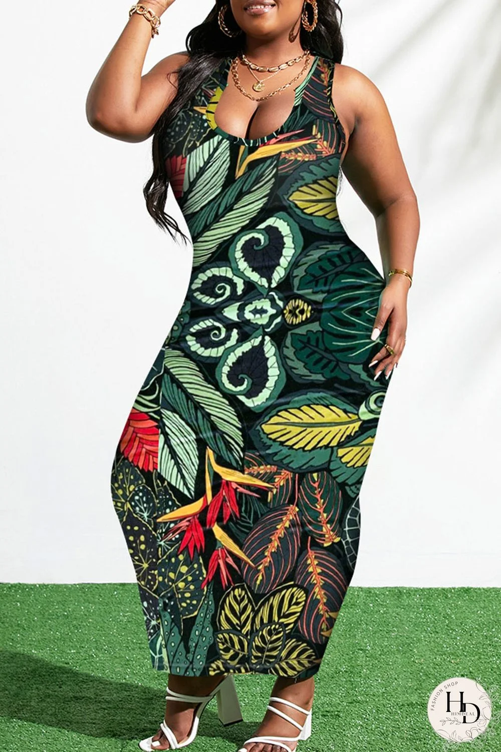 Dark Green Casual Vacation Print Patchwork U Neck Vest Dress Plus Size Dresses