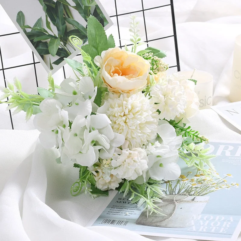 Mix floral beautiful peony artificial flowers hydrangea silk fake bouquet for home wedding decoration dandelion foam plastic