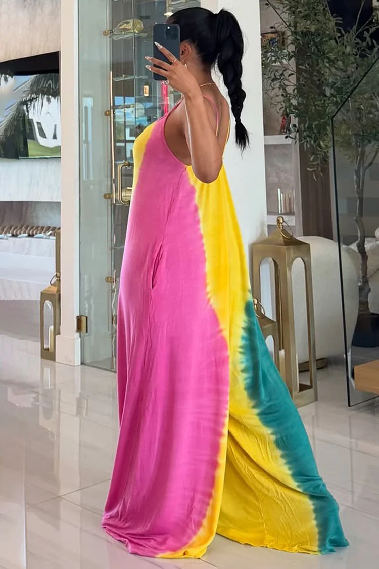 Colorblock Tie Dye Print Oversize Cami Wide Leg Jumpsuit-Yellow [Pre Order]