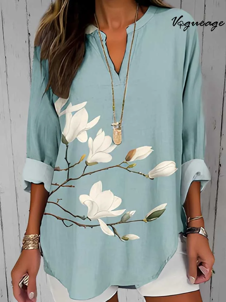Gentle Elegant And Intellectual Magnolia Printed Cotton And Linen Shirt