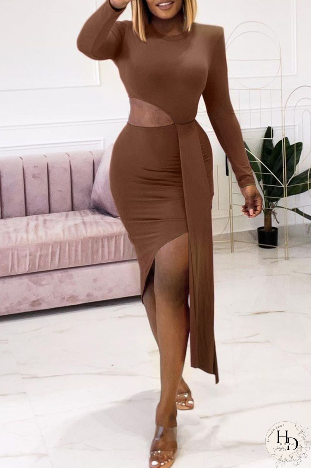 Brown Fashion Sexy Solid Hollowed Out O Neck Long Sleeve Irregular Dress