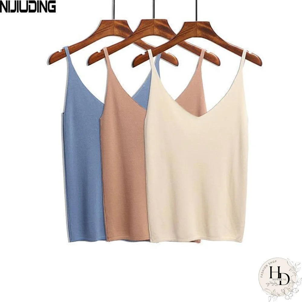 NIJIUDING Summer Women Tank Tops Casual Shiny Ice Silk Knitted Camis Sleeveless Vest Sexy Deep V-Neck Party Solid Camisole Femme