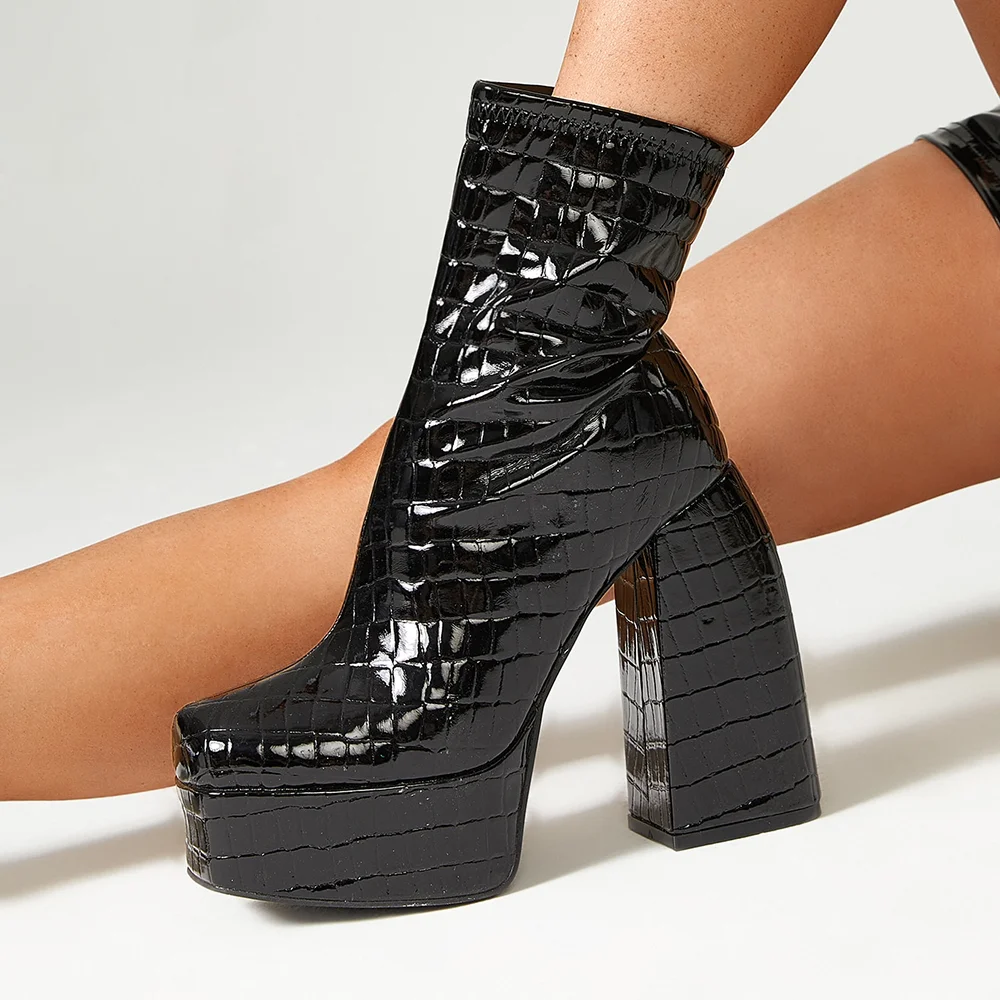 Black Square Toe Platform Boots Patent Leather Ankle Boots With Chunky Heel