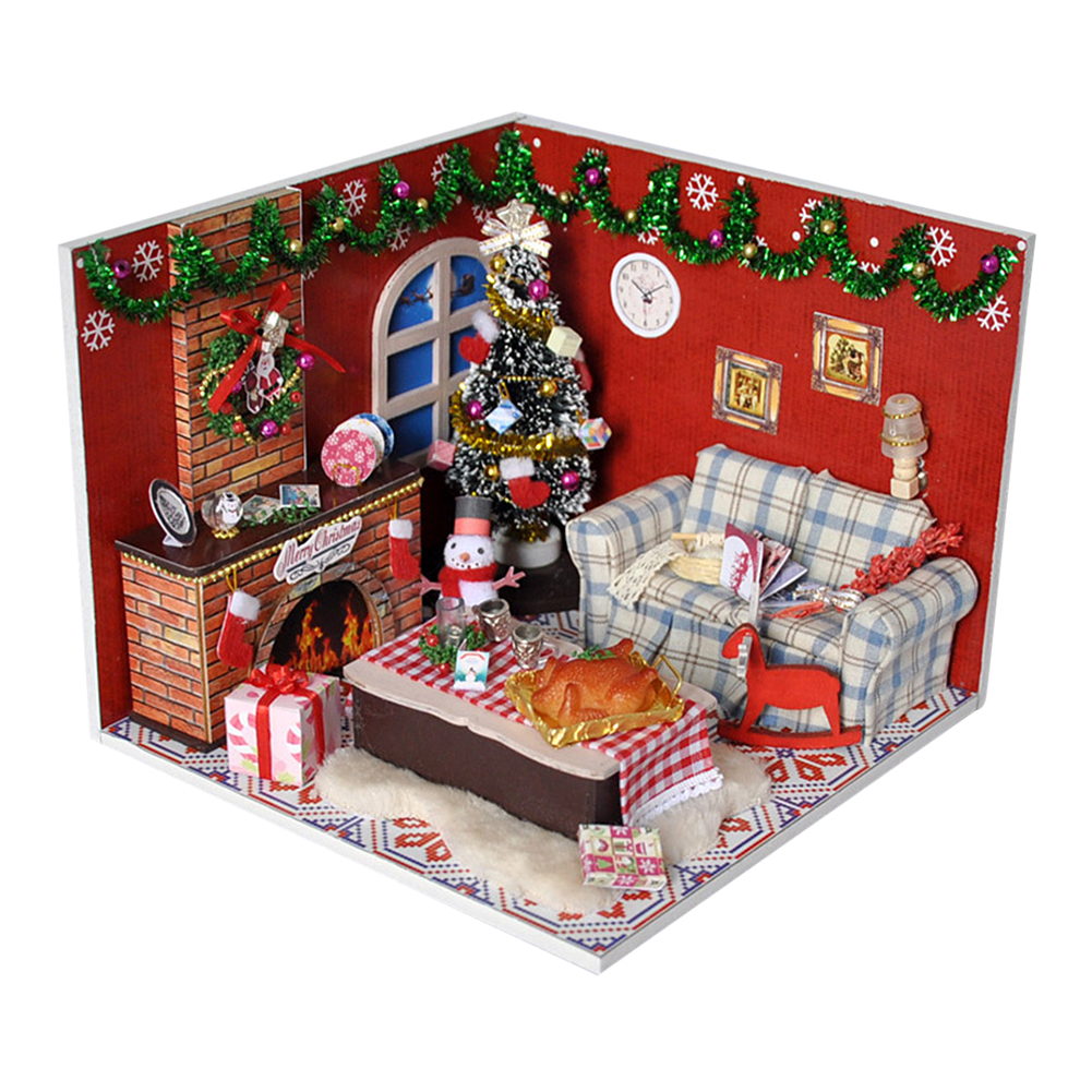 Xmas Wooden DIY Doll House with Dust Cover and Accessories for Kids From 6 Years