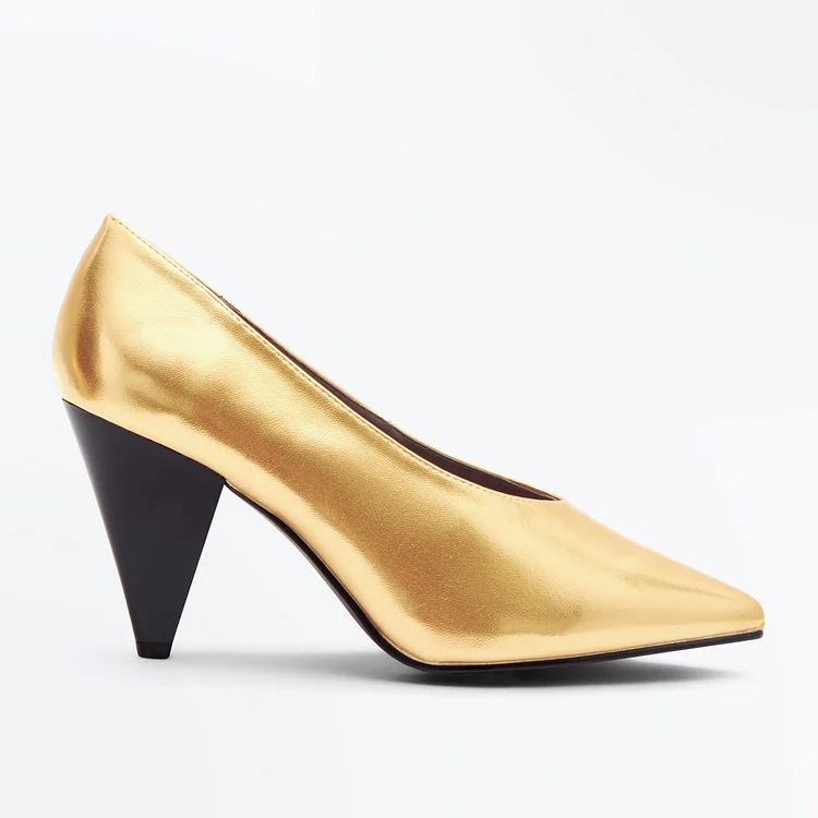 Black and Gold Metallic Cone Heel Pointy Toe Pumps Vdcoo