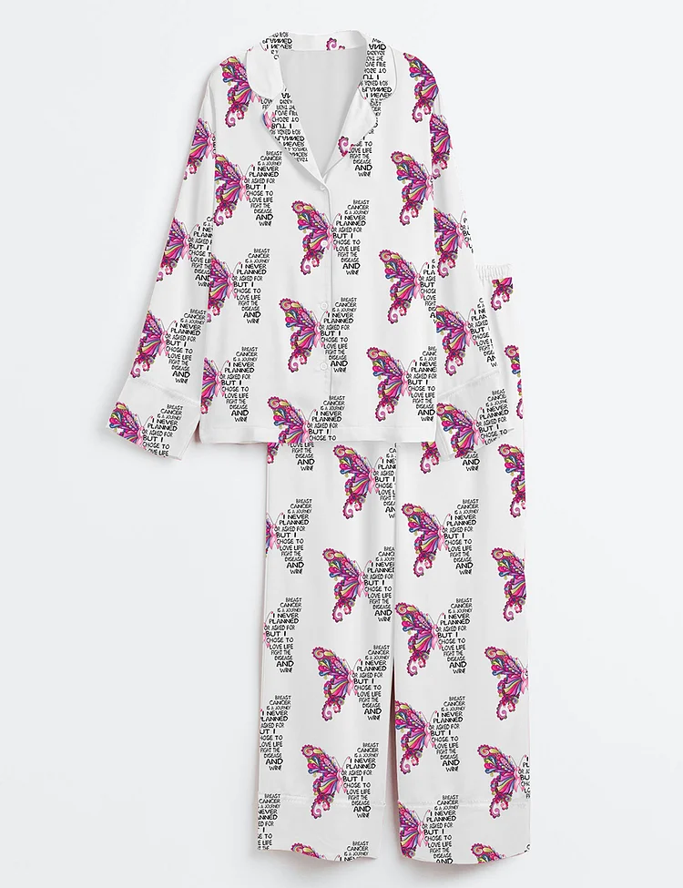 Women&rsquo;s Breast Cancer Awareness Cancer Hope Pink Ribbon Pink Butterfly Print Long Sleeve Satin Pajama Set