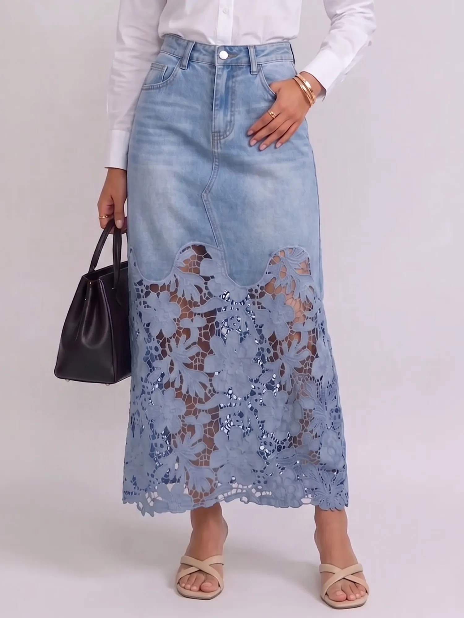 Western Style - Women's Hollow-out Water-soluble Lace Patchwork Denim Midi Skirt