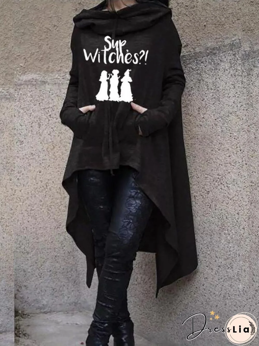 Halloween Witch Print Pullover Irregular Hem Hoodies