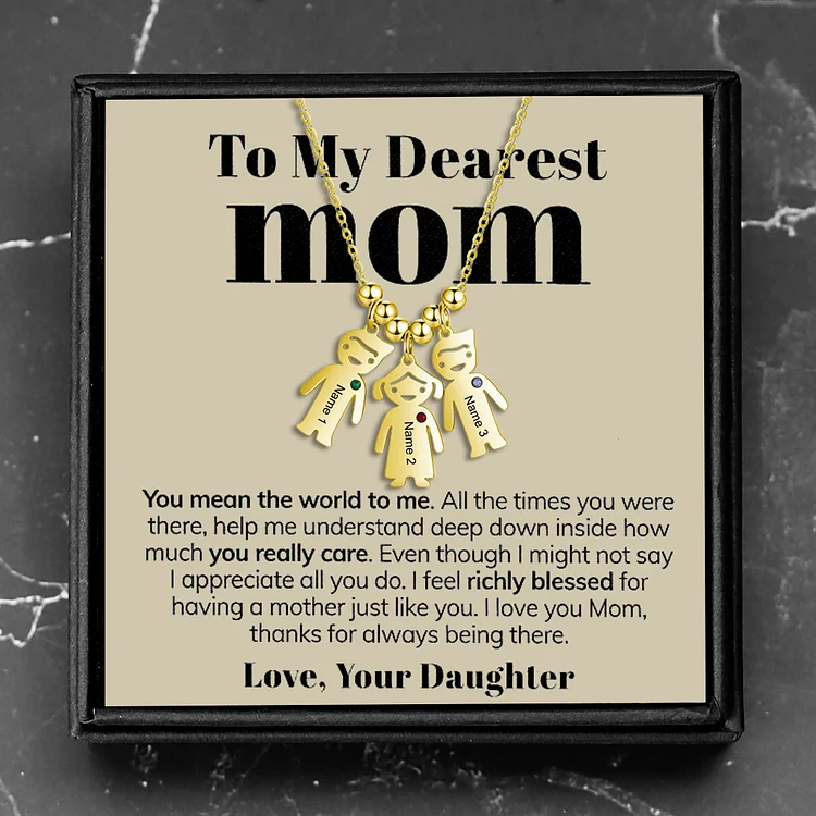 To My Dearest Mom Kid Charm Necklace Personalized 3 Names and Birthstones "You Mean The World to Me"