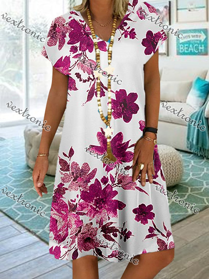 Women's Short Sleeve V-neck Pink Floral Printed Midi Dress