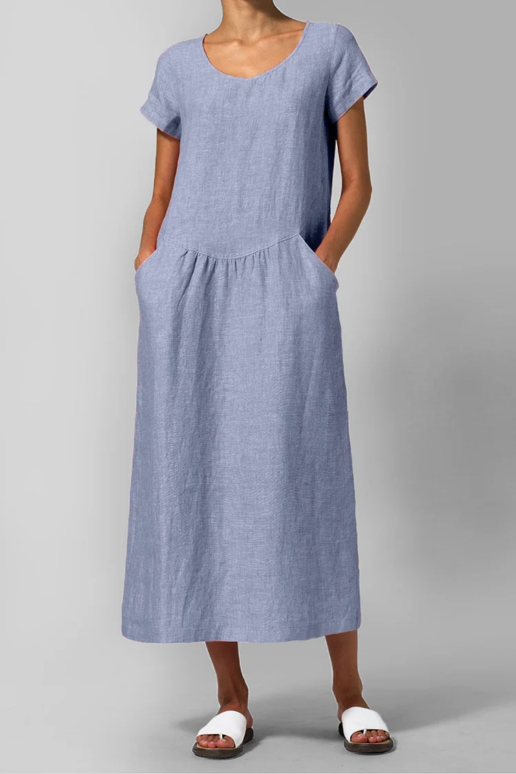 LINEN SHORT SLEEVE MIDI DRESS
