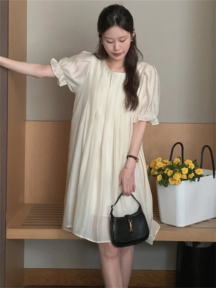 Stylish Solid Color Round Neck With Pleated Puff Sleeve Dress 
