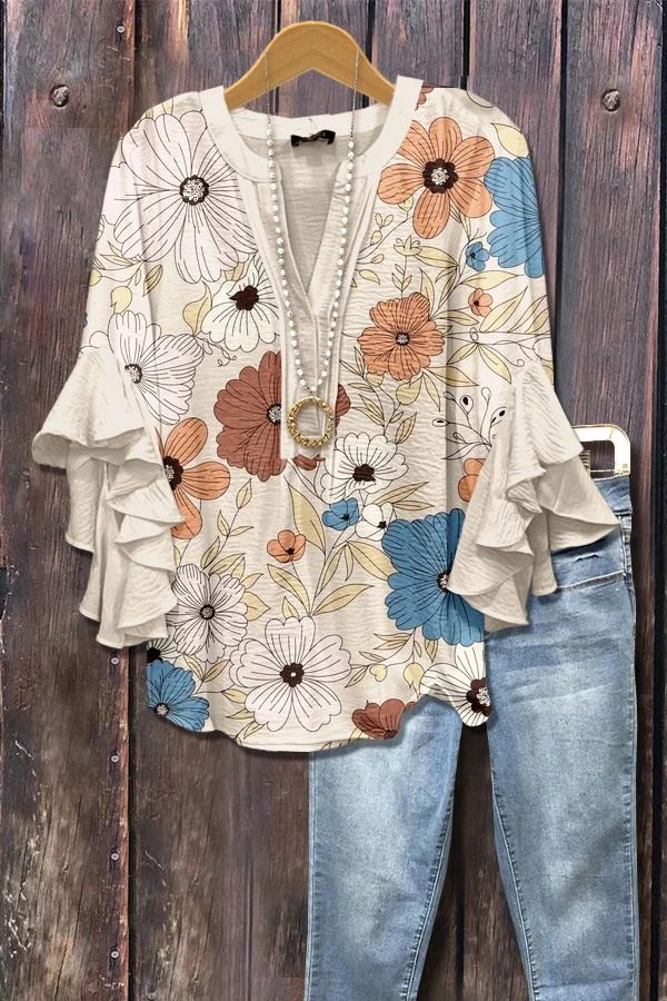 Classic Floral Print V-Neck Ruffle Sleeve Top