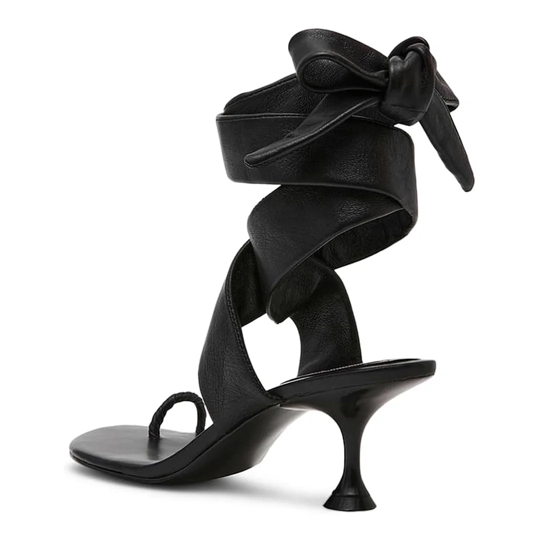 Elegant Black Toe Ring Mid Flared Heel Strappy Summer Sandals