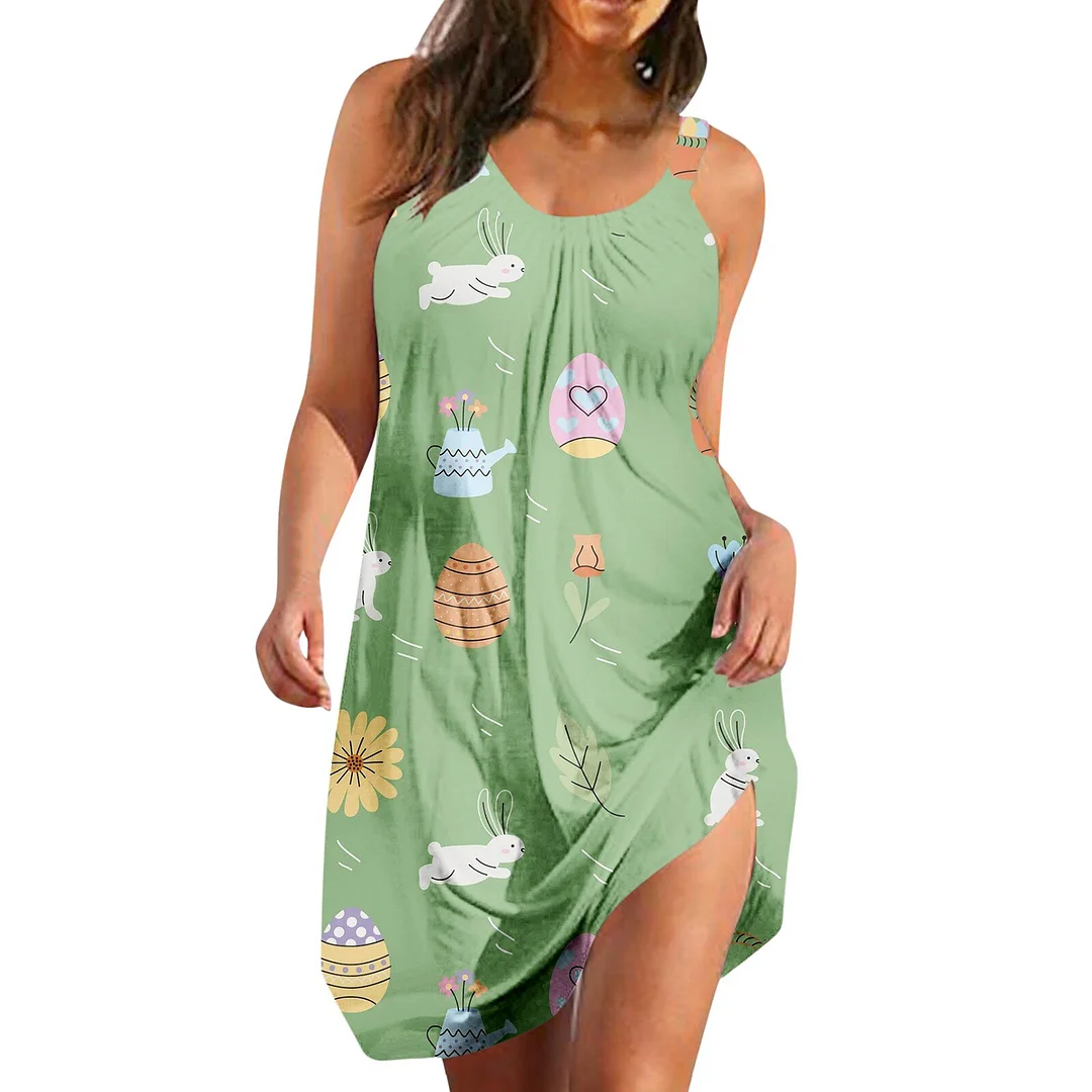 2023 New Women Summer Beach Vintage Print Loose Dress Swing Cover Up Sundress Sleeveless Casual Boho Dress Vestidos Mujer Robes