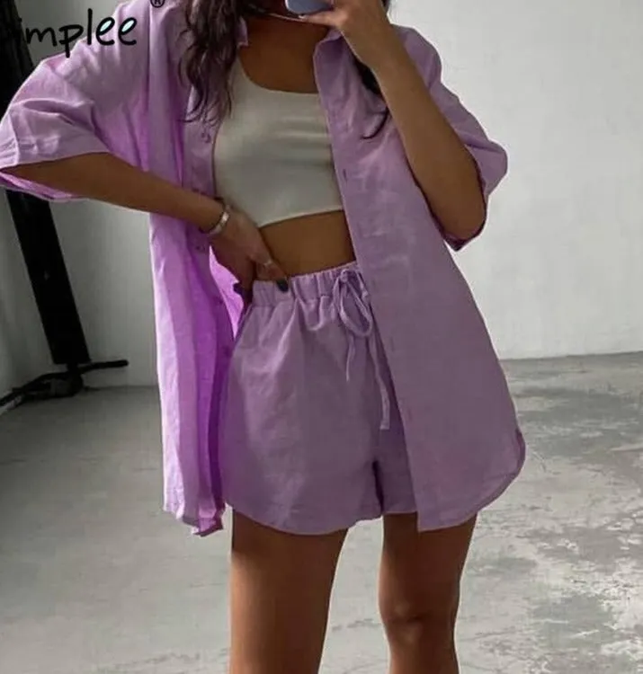 Casual Lace Short Sleeve Summer Set Women Loose Button Two-Piece Sport Sets Elastic Waist
