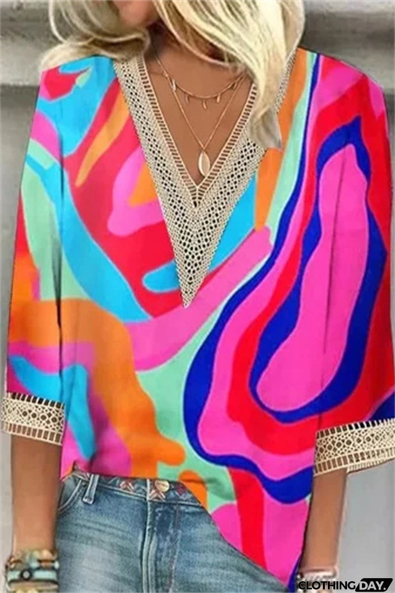 Casual Street Print Patchwork V Neck T-Shirts(6 Colors)