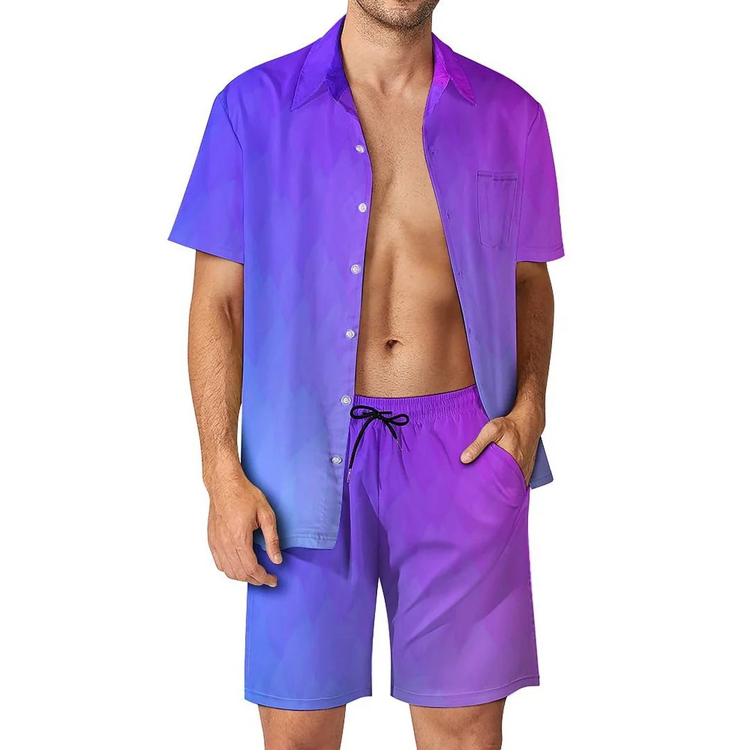 Purple Blue Pink Ombre Flame Men Hawaiian 2 Piece Outfit Vintage Button Down Beach Shirt Shorts Set Tracksuit with Pockets