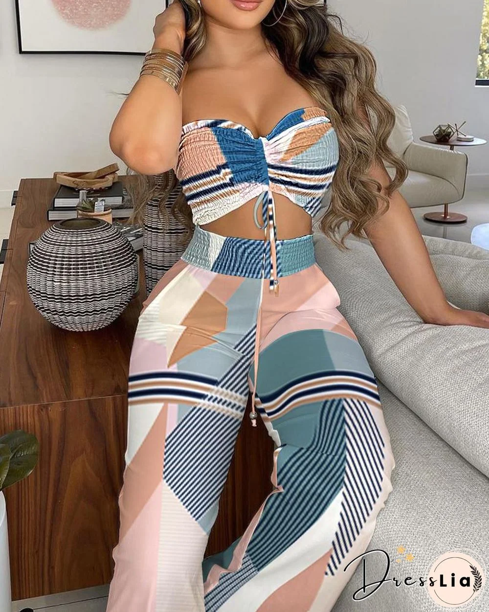 Graphic Print Drawstring Bandeau Top & Leaf Print Pants Sets