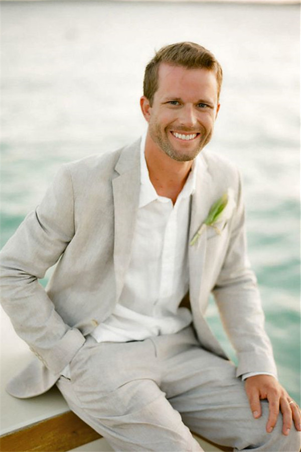 Luluslly Notched Lapel Casual Linen Suit For Beach Men Wedding Suit Two Piece