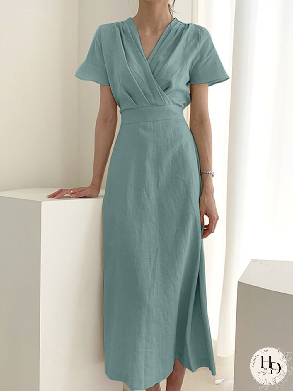 Solid Wrap V-neck Short Sleeve Casual Dress For Women
