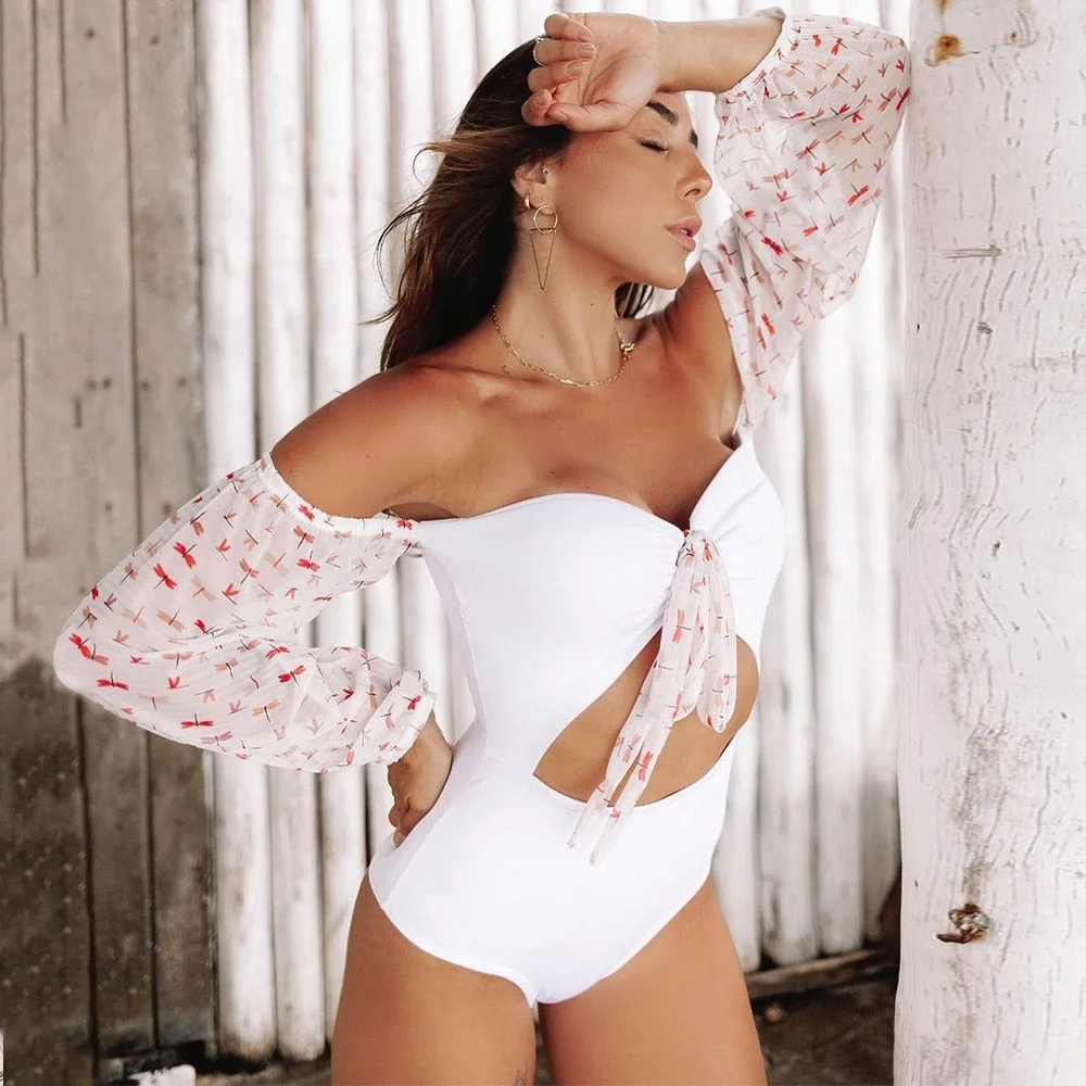2021 New One Piece Swimsuit Print Retro Long Sleeve Swimwear Women Bandage Floral Bathing Suits Strappy Backless Beach Wear
