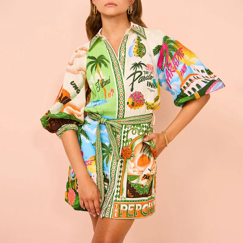 Uveng Uveng Women's Wear 2024 Casual Fashion Print Shirt Cardigan Cropped Sleeve Commuter Dress