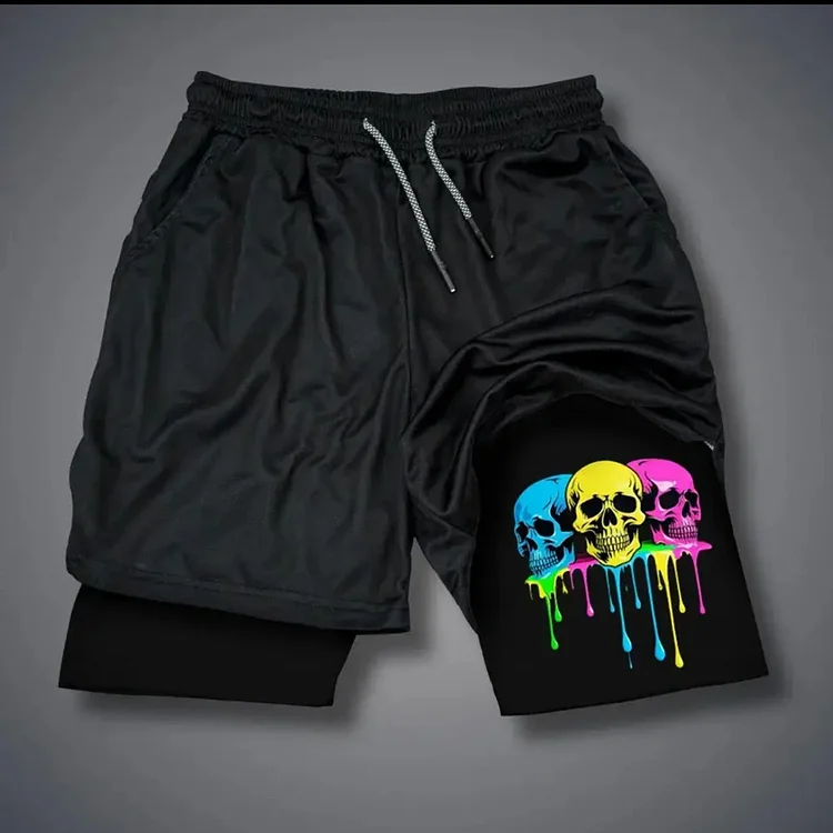 欧美时尚个性印花男士短裤双层二合一运动健身休闲中裤子一件代发