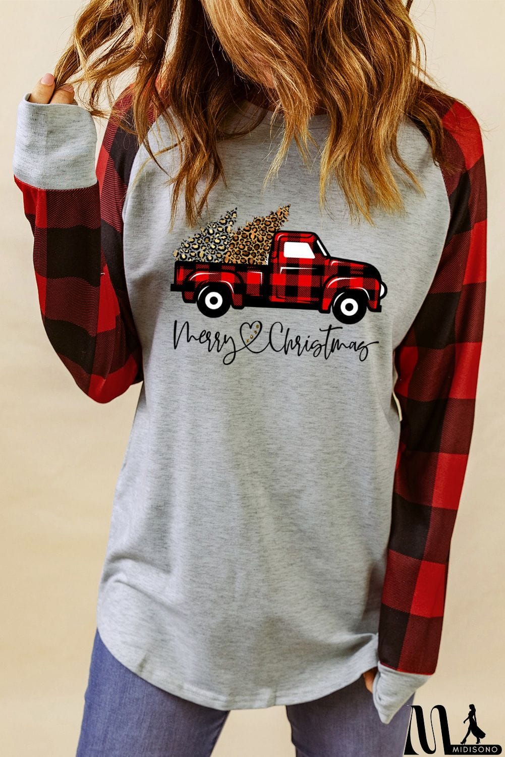 MidiSono - Merry Christmas Truck Plaid Patchwork Pullover Sweatshirt