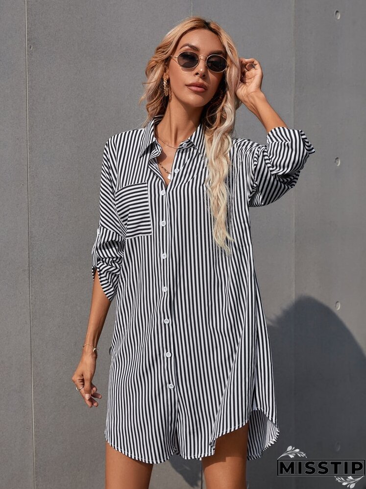 Striped Roll Up Sleeve Shirt Dress