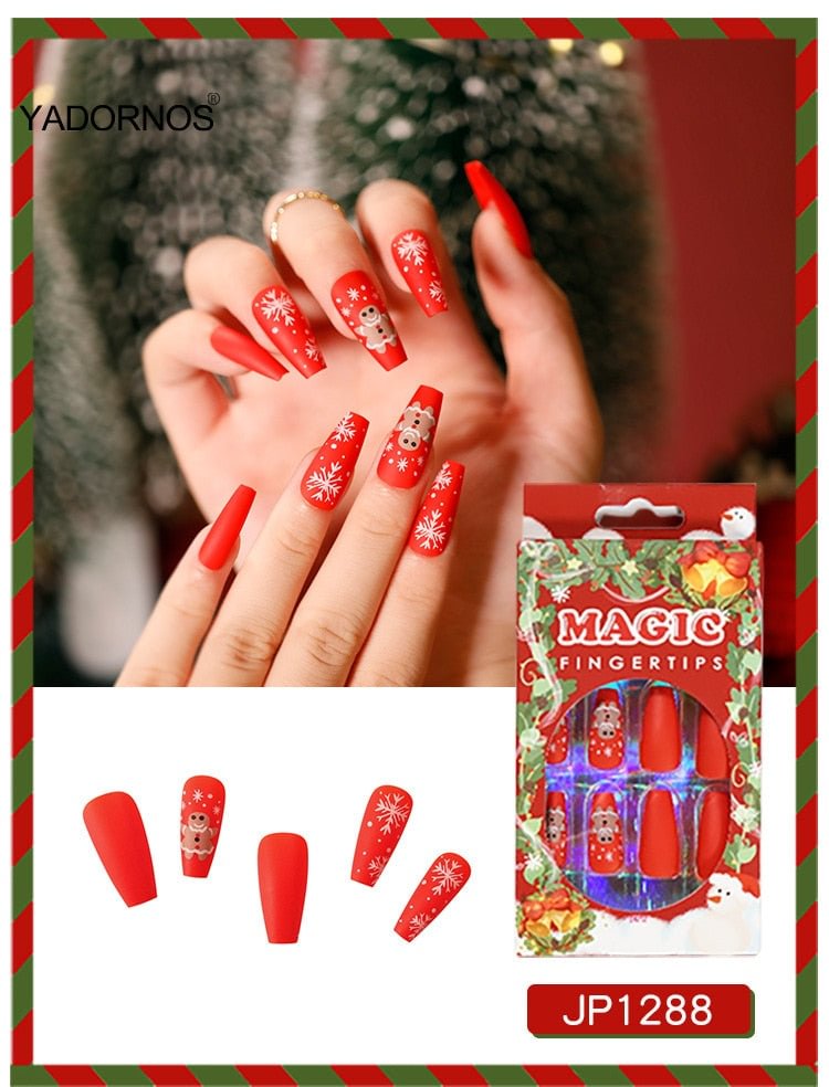 24pcs Christmas Stickers On Nails Patch Glue Type Removable Long coffin Paragraph Fashion Manicure free shipping press on nails