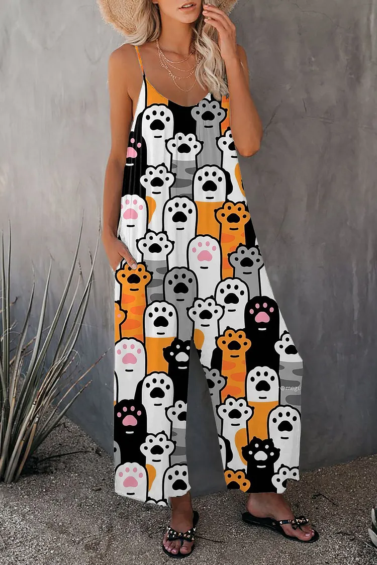 Animal Cute Cat Paw Print Loose Sleeveless Strap Stretchy Jumpsuit With Pockets
