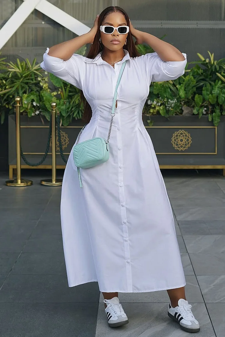 Half Sleeve Cinched Button Up Daily Maxi Shirt Dresses-White [Pre Order]