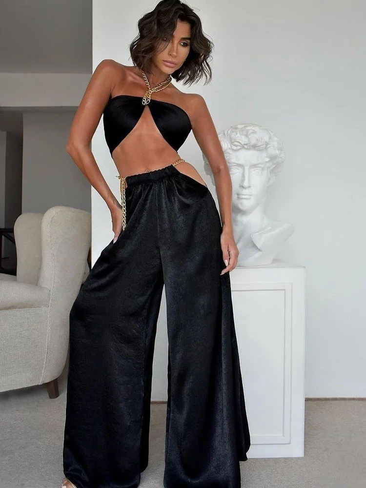 WannaThis Y2K Satin Women 2 Piece Set Chain Halter Crop Tops Cut Out Loose Wide Legs Pants Sexy Streetwear Casual Female Suits