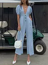 Deep V-Neck Short Sleeve Casual Solid Color Jumpsuit