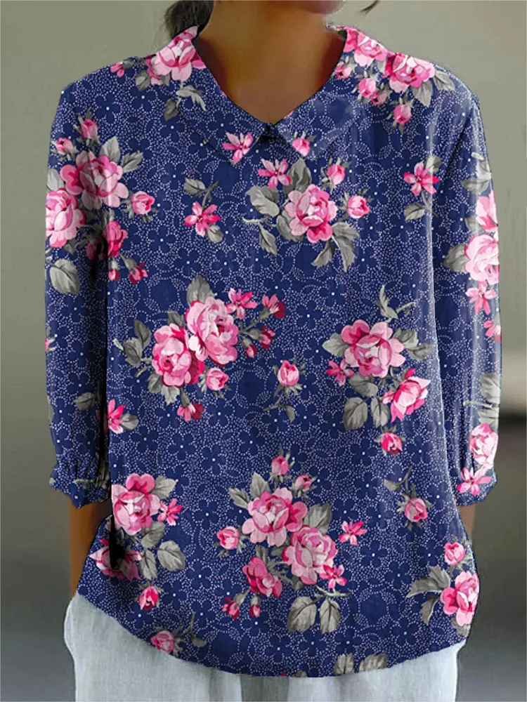Women's Vintage Floral Art Print Casual Cotton And Linen 3/4 Sleeve Shirt