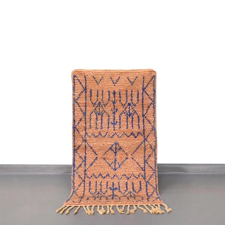 Bohemian Peach Moroccan Small Wool Rug 1.9 x 3.6 Feet /  59 x 110 cm