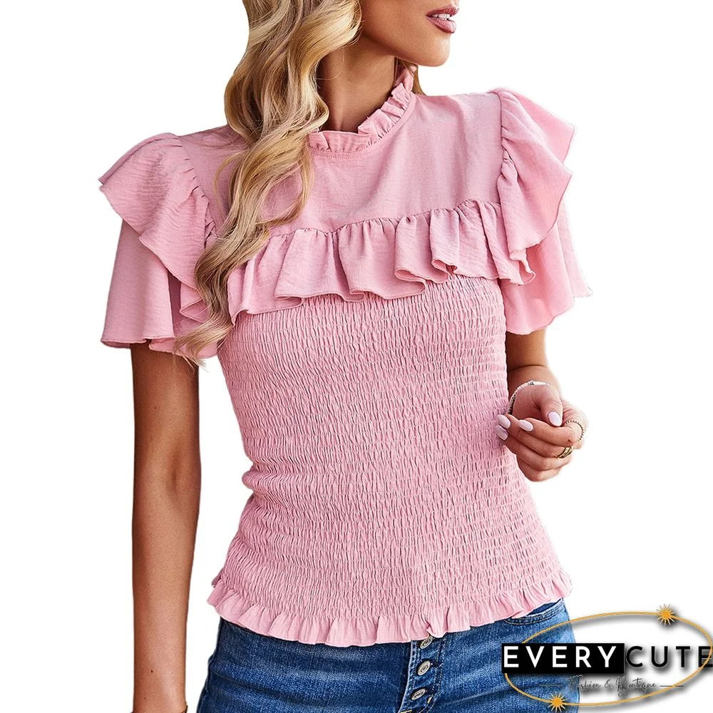 Pink Drawstring Ruffle Short Sleeve Pleated Blouse