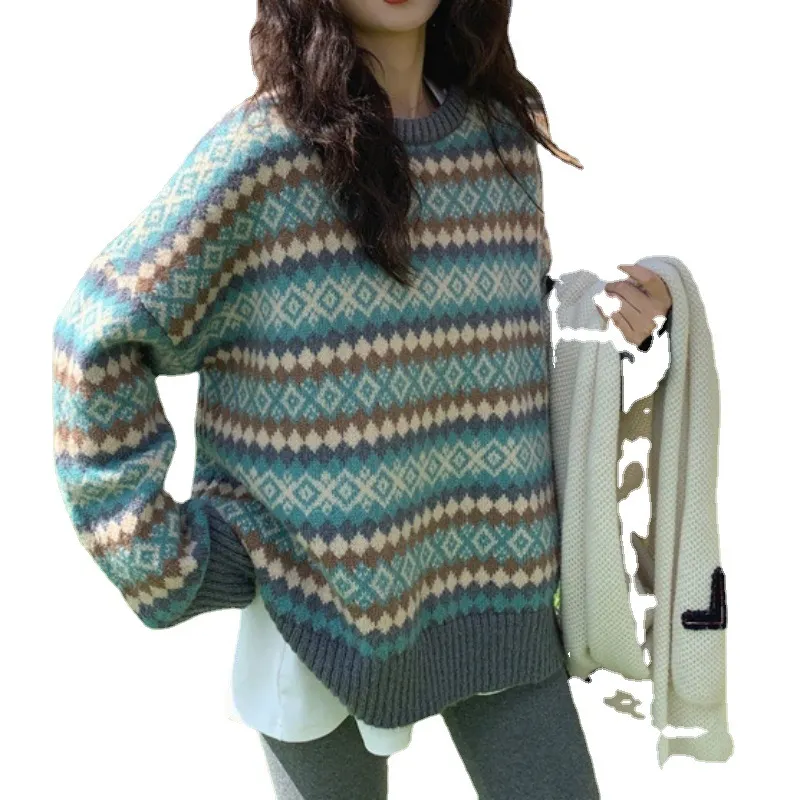 Churchf Churchf Jacquard Diamond Loose Sleeve Knit Sweater Female Student 2024 New Autumn And Winter Outside Wear Lazy Wind