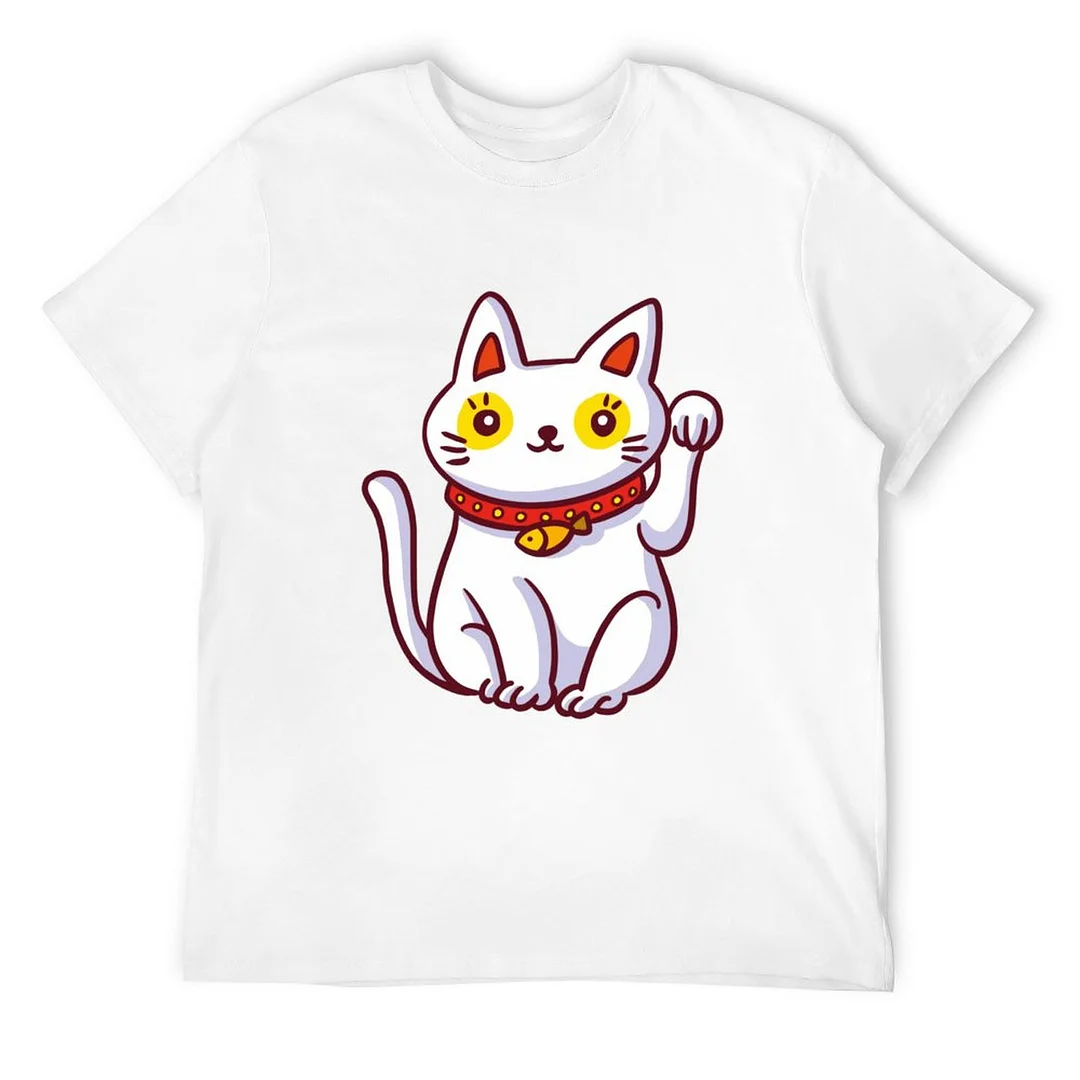 Printed Unisex Short Sleeve Cotton T-shirt for Men and Women Pattern  Lucky Charm Cartoon Cat
