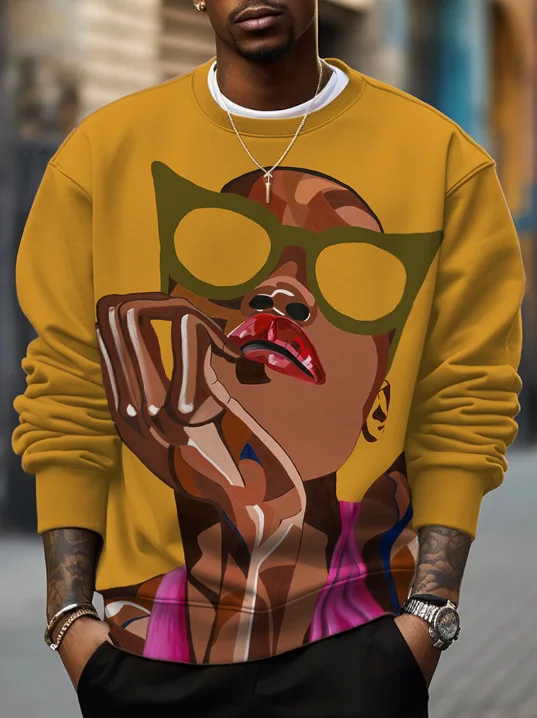 Men's Cool Fashion Black Girl Print Casual Sweatshirt
