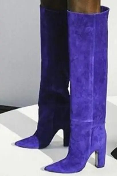 VCSHOES Violet Blue Brown Suede 80 Mm Square Heels Loose Knee High Boots Woman Purple Pointed Toe Tube Long Botas Shoes Lady