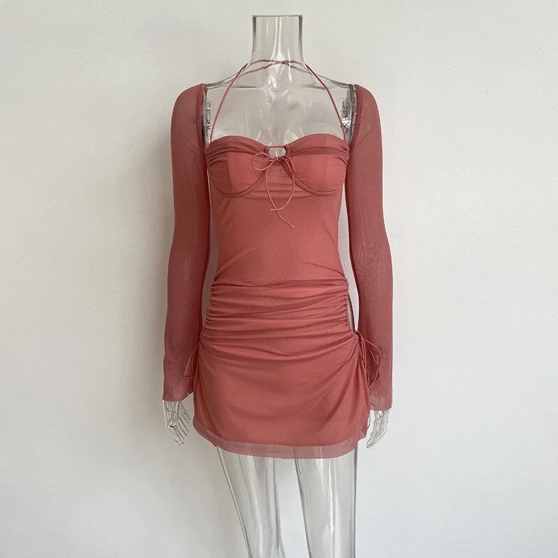 Yiallen Spring Fashion Sexy Hollow Out Bandage Slash Neck Long Sleeve Mini Bodycon Dresses For Women 2022 New Elegant Romantic